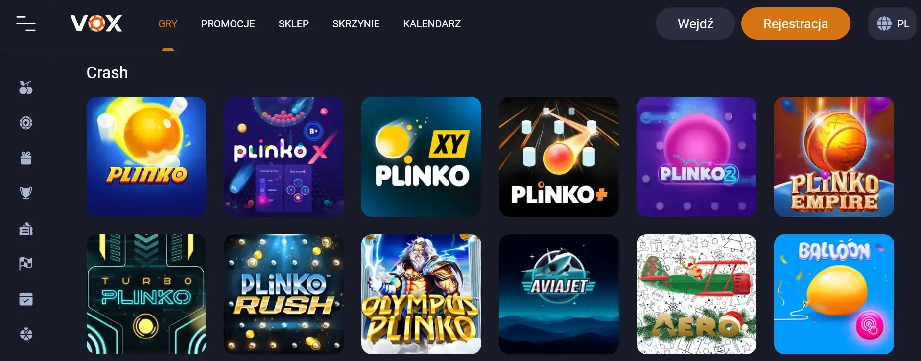 Vox Casino strona interfejs gier crash na stronie